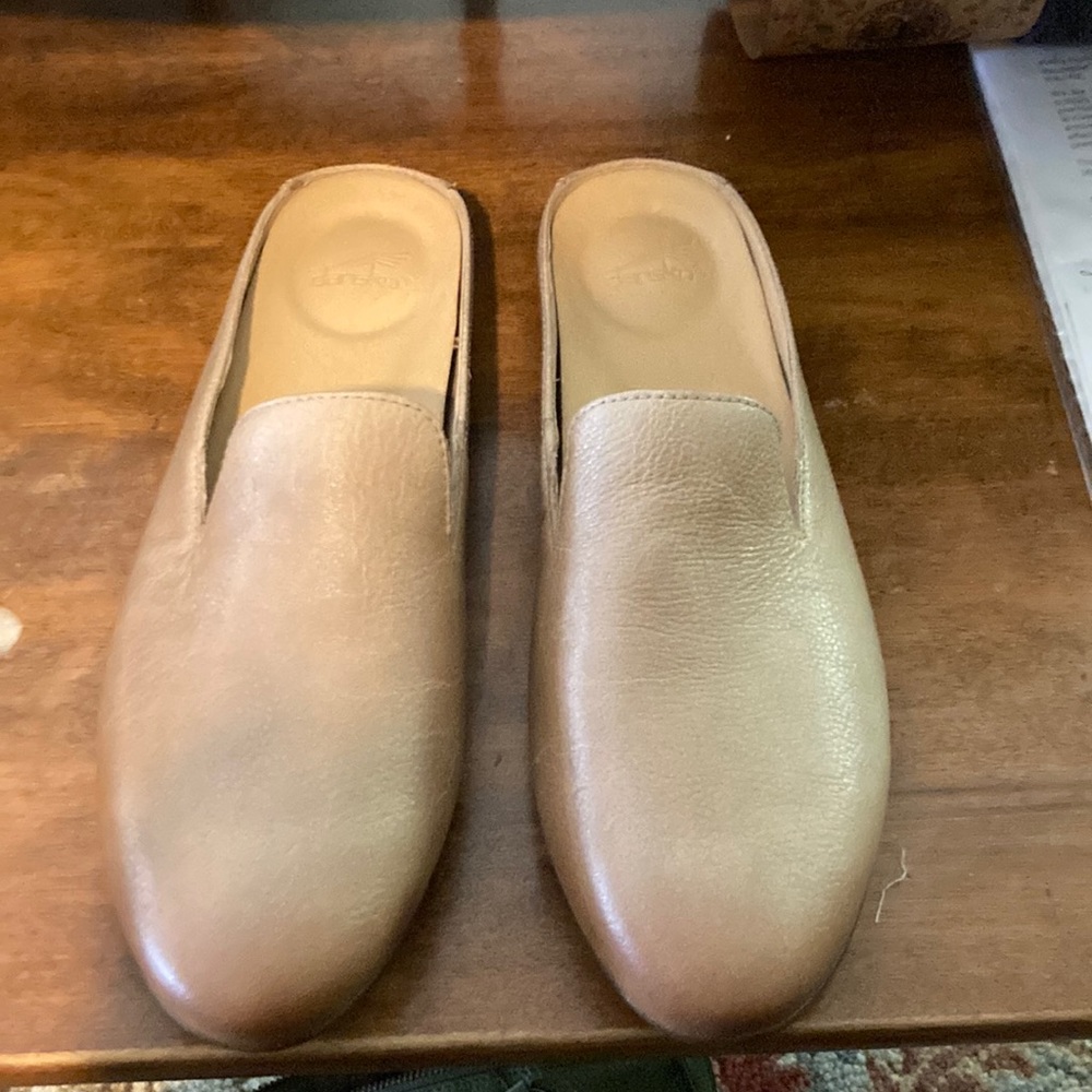 Dansko Lexie leather mules.  Taupe mulled color